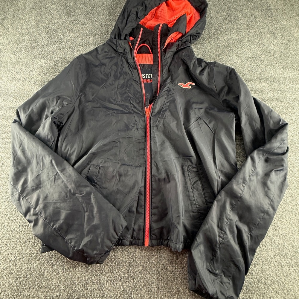Hollister California Mens Windbreaker Jacket Black Neon pink orange Mesh Medium